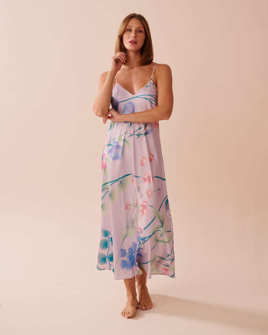 Lavender Garden Print Long Satin Nightie | La Vie en Rose KSA