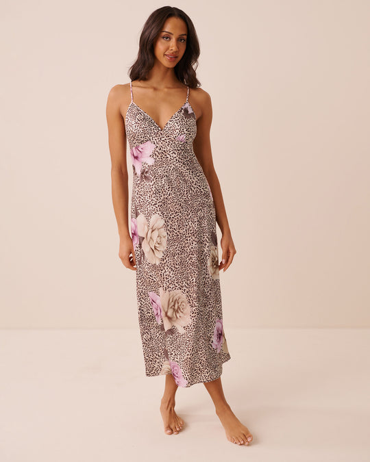 Floral Leopard Print Satin Long Nightie