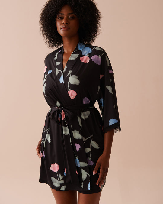 Recycled Fibers Tulip Print Lace Trim Kimono | La Vie en Rose KSA