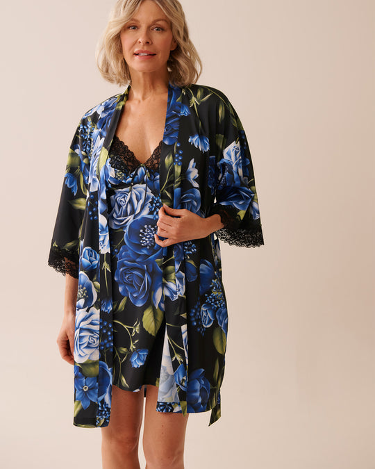 Rose Print Satin and Lace Trim Kimono