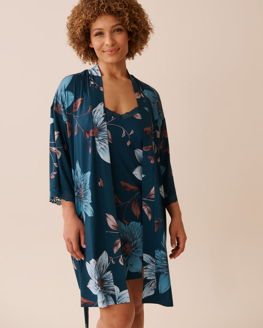 Recycled Fibers Chrysanthemum Print Lace Trim Kimono