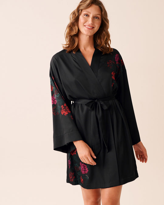 Red Rose Print Satin Kimono