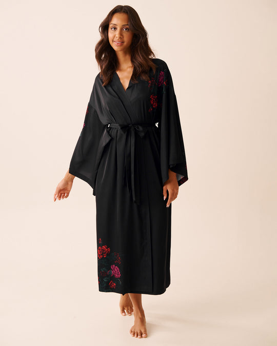 Red Rose Print Long Satin Kimono