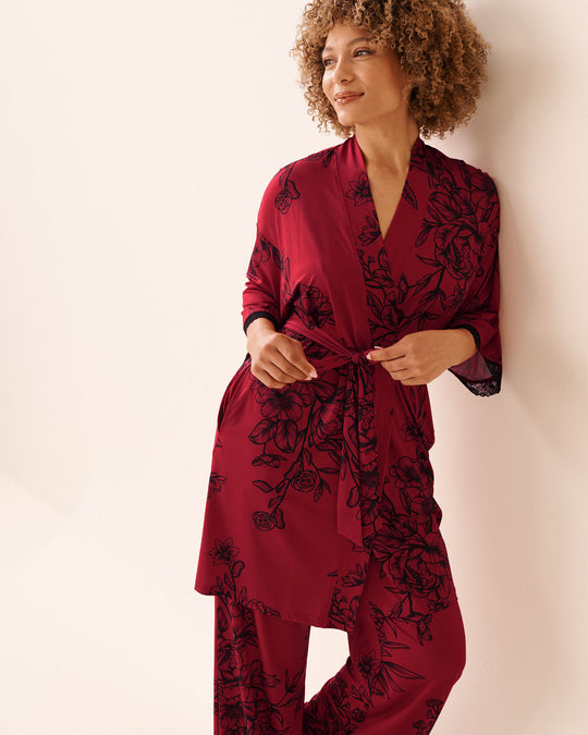 Crimson Bloom Recycled Fibers Lace Trim Kimono