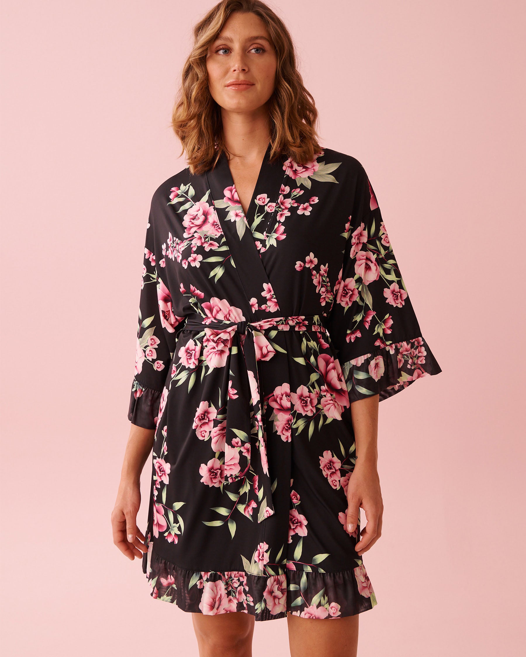 Peony Print Recycled Fibers Mesh Trim Kimono | La Vie en Rose KSA