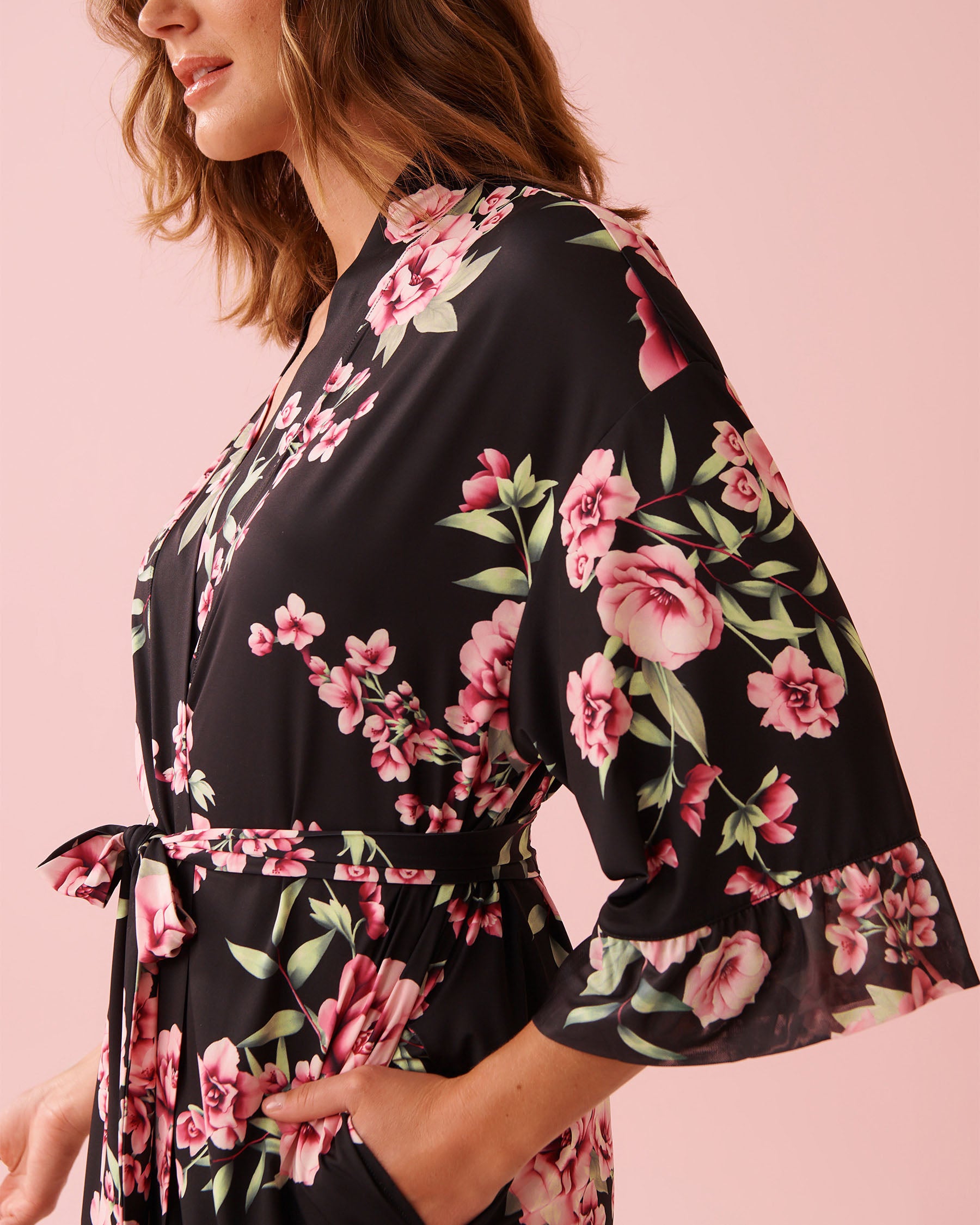 Peony Print Recycled Fibers Mesh Trim Kimono
