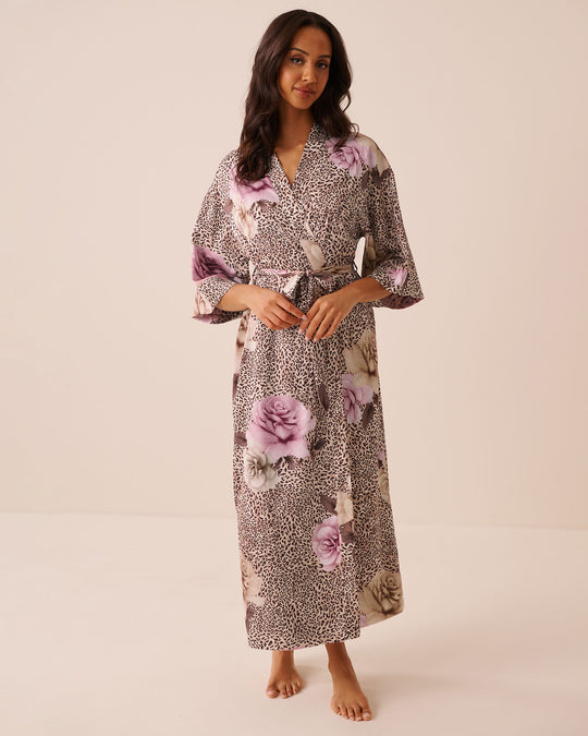 Floral Leopard Print Satin Long Kimono
