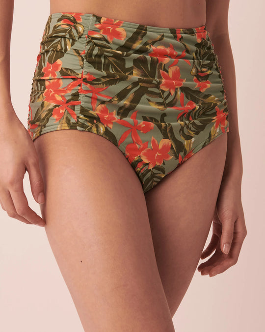 شورت مايوه بكيني مع خصر عالٍ مزين بكشكشة عند الجوانب أوراق الأوركيد